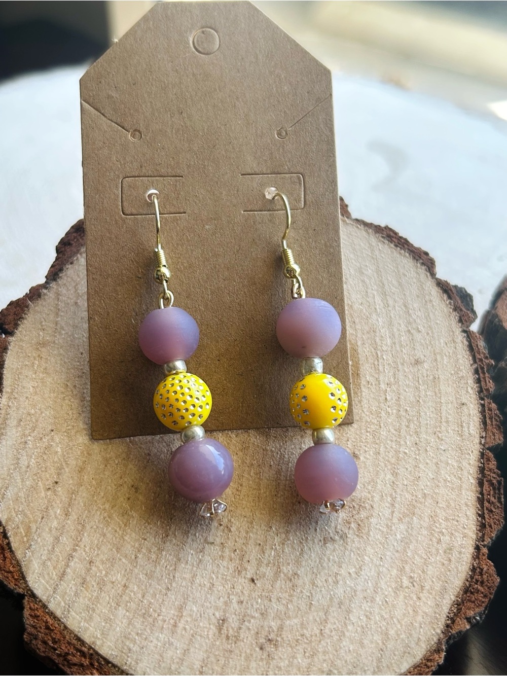 Purple Yellow Beaded Dangle Earrings Gold Tone Boho Vintage Retro